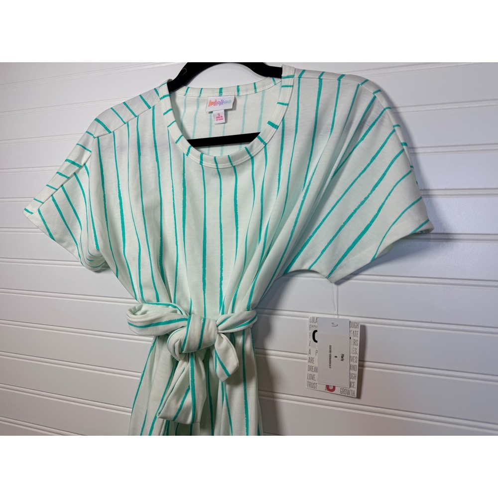 LuLaRoe Marly Dress Womens Small White Teal Vertical Stripe Tie Waist Midi New